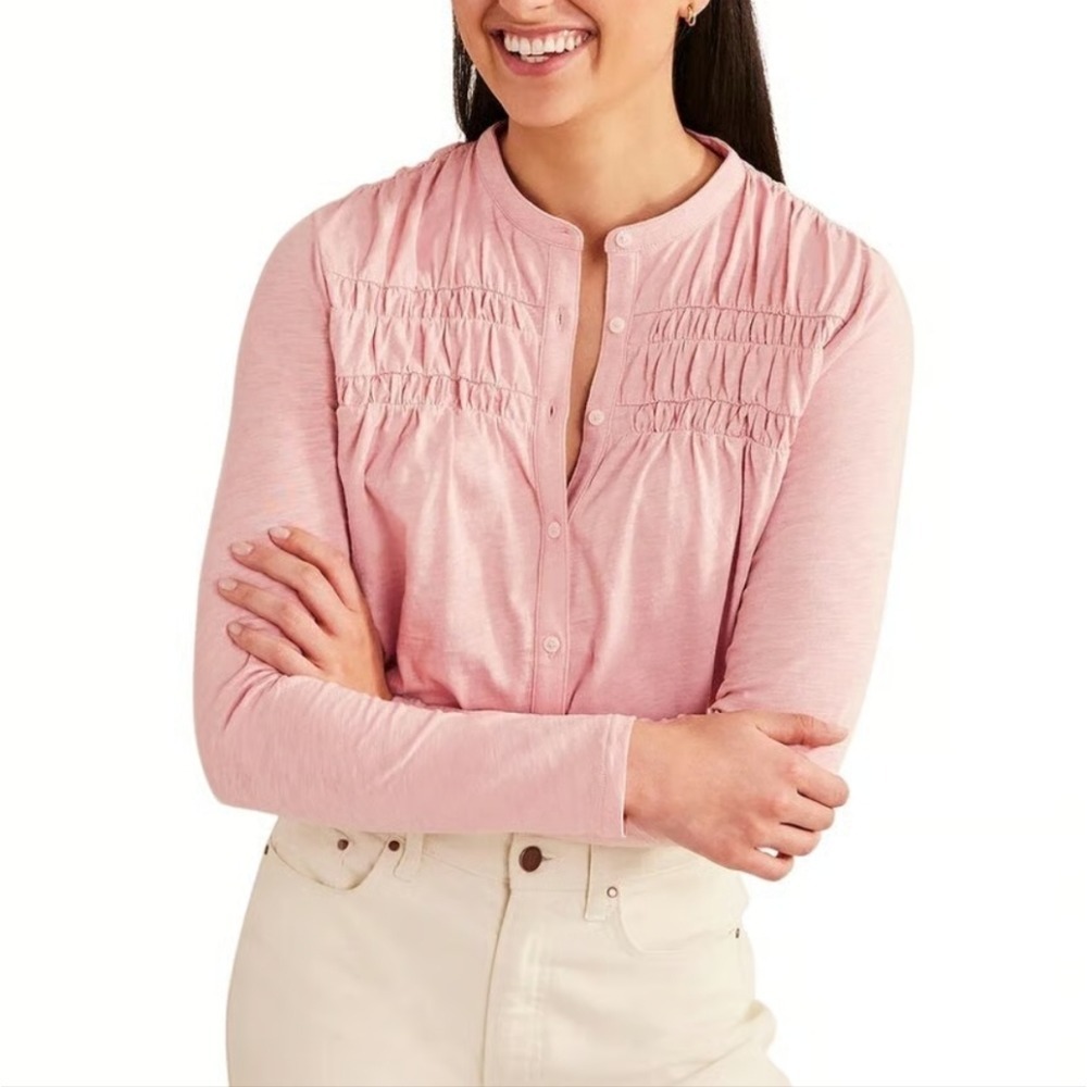 Boden Pink Smocked Slub Cotton Button Down Top T1137 Long Sleeve Blouse US 8